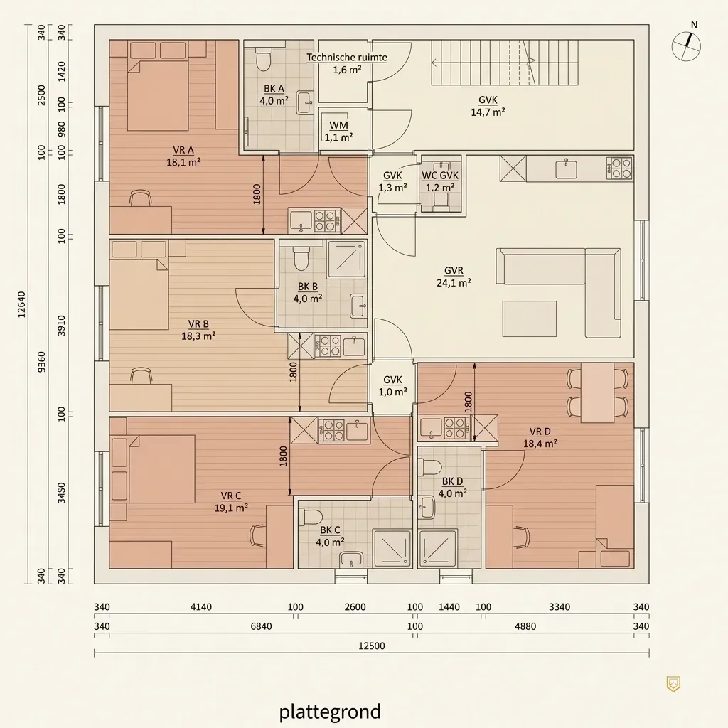 Plattegrond van een woning met vier zelfstandige studio's