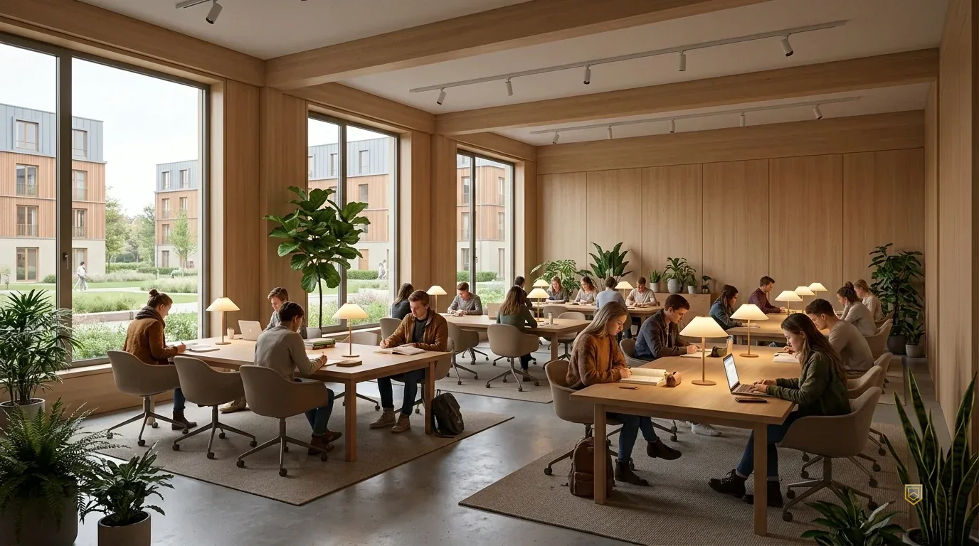 Studieruimte in De Hub met werkplekken — overal op de campus dezelfde snelle verbinding